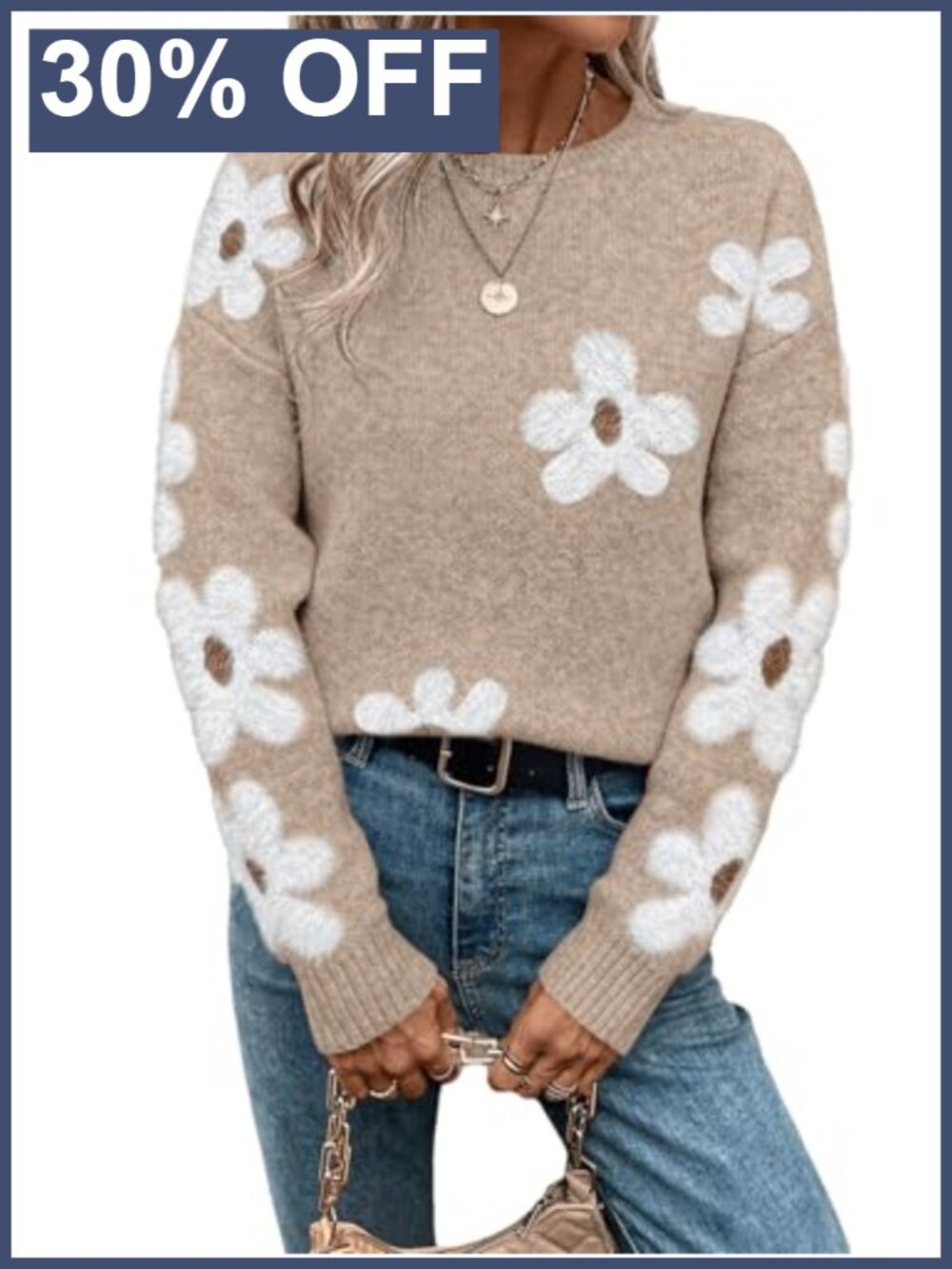 Women's Floral Crewneck Long Sleeve Drop Shoulder Sweater Pullover